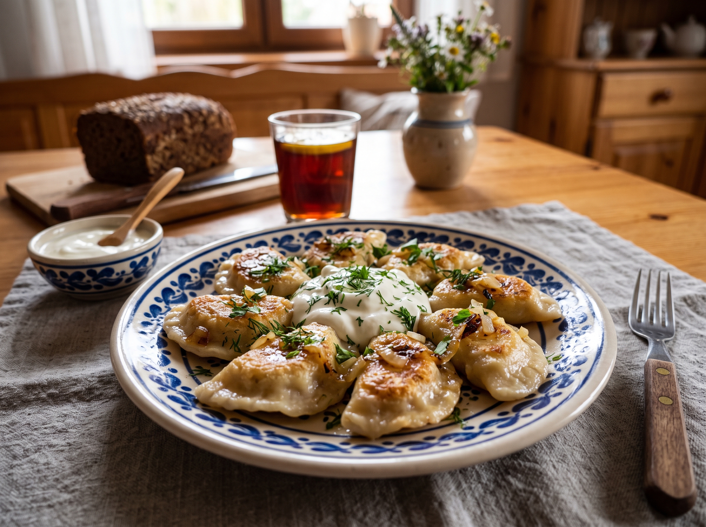 Tradycyjne polskie pierogi z kwaśną śmietaną i ziołami